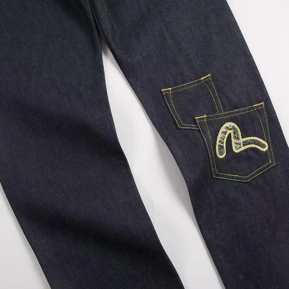 Evisu Dark Blue Straight Jeans with Yellow Patch Accents
